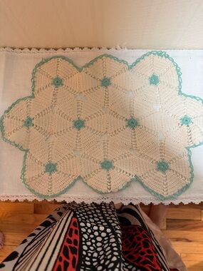 Handmade Crochet Cotton Doily - Cream with Mint Accents